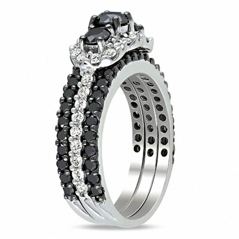 2 CT. T.W. Enhanced Black and White Diamond Bridal Set in 14K White Gold