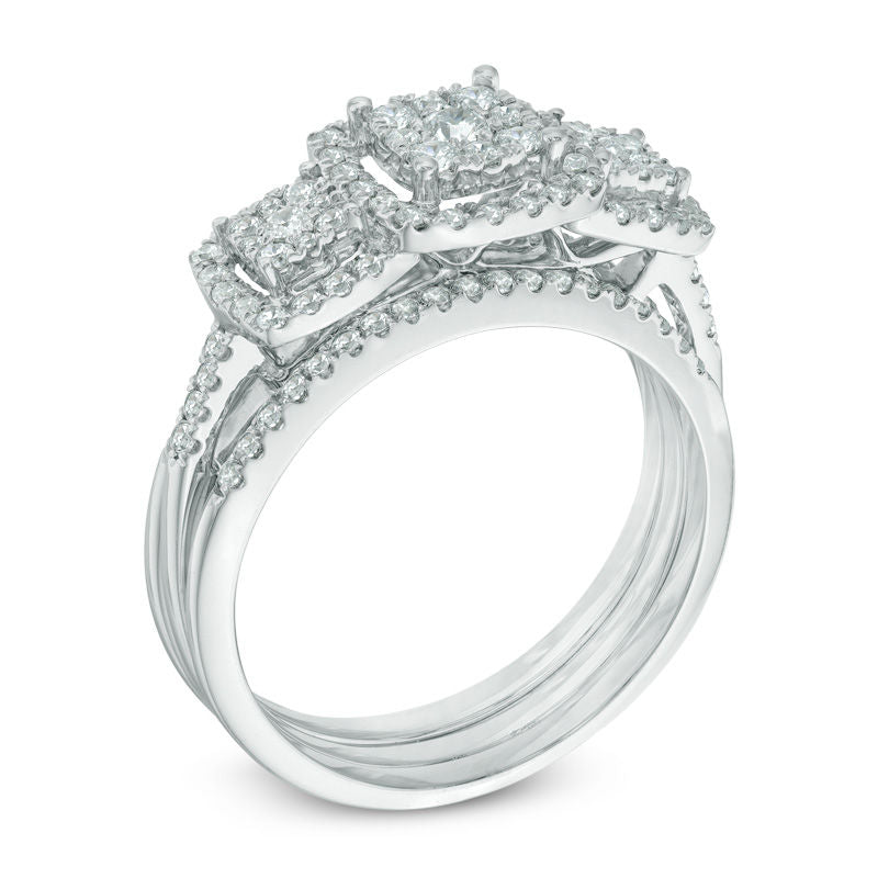 3/4 CT. T.W. Composite Diamond Three Stone Three Piece Bridal Set in 14K White Gold