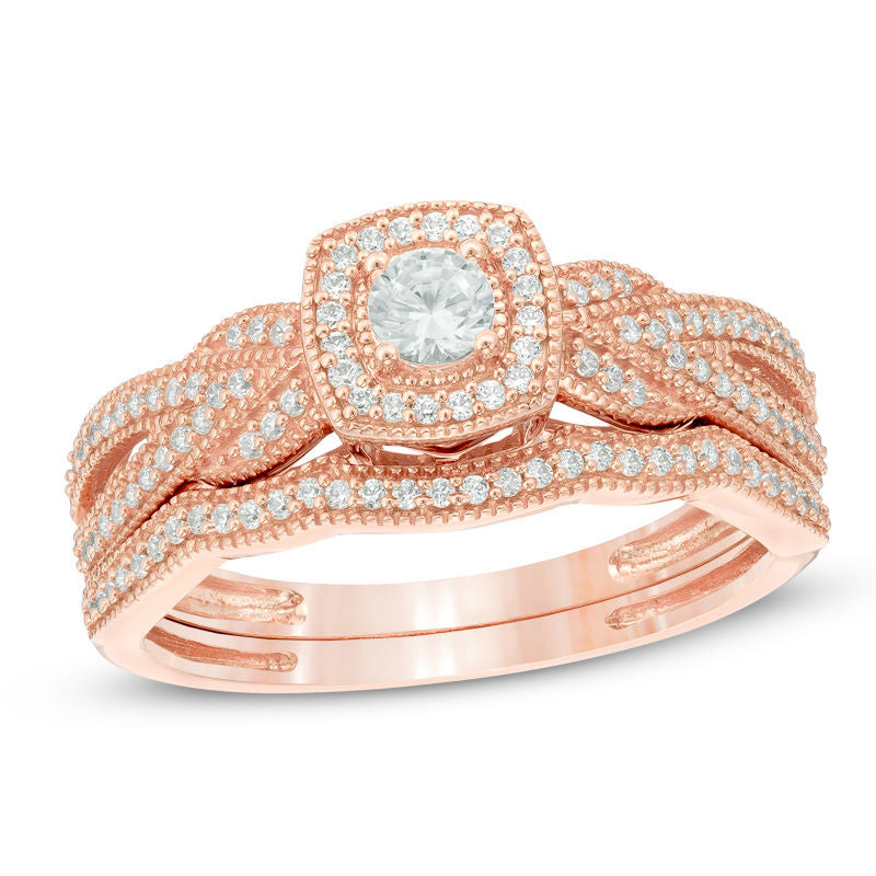 3/8 CT. T.W. Diamond Cushion Frame Vintage-Style Twist Shank Bridal Set in 14K Rose Gold