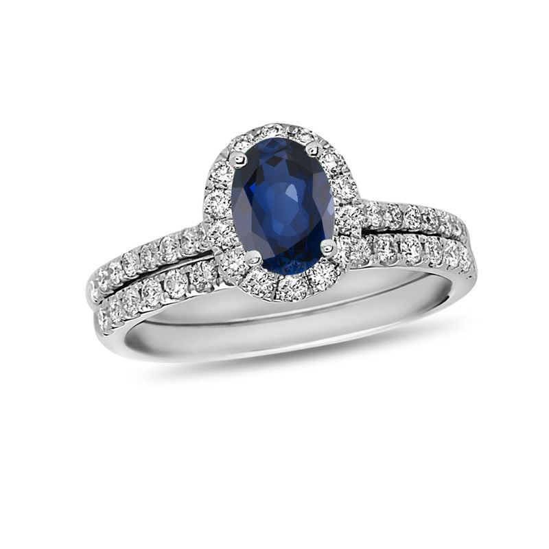 Oval Blue Sapphire and 5/8 CT. T.W. Diamond Frame Bridal Engagement Ring Set in 14K White Gold