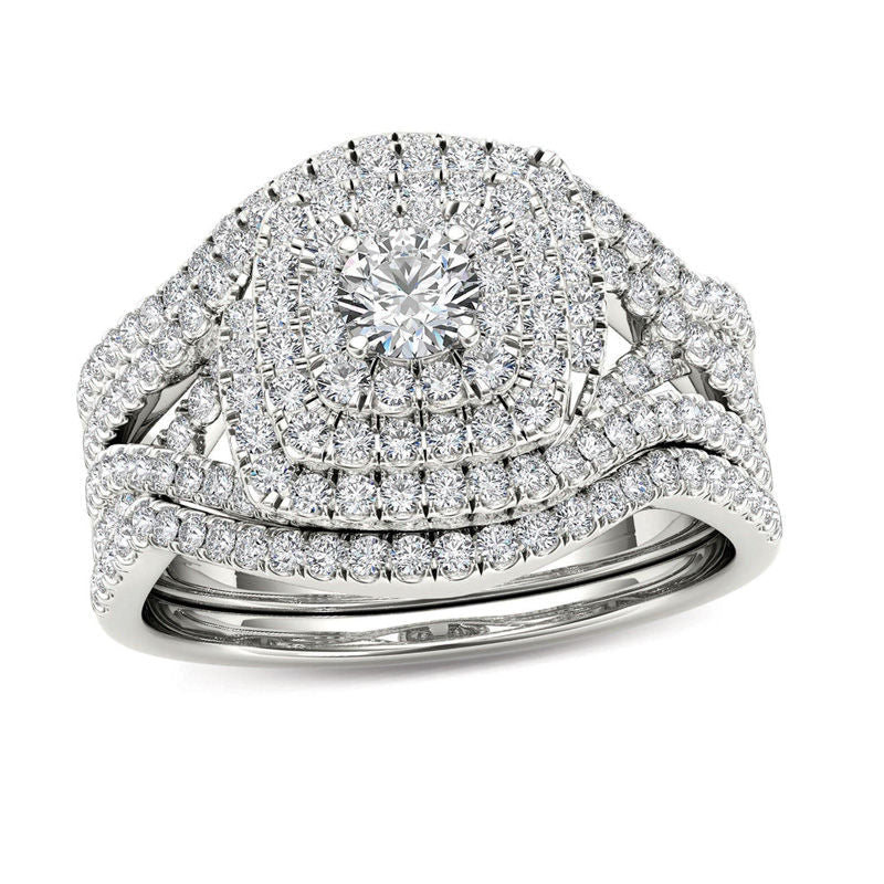 1 CT. T.W. Diamond Cushion Frame Split Shank Three Piece Bridal Engagement Ring Set in 14K White Gold