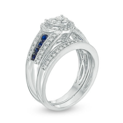3/8 CT. T.W. Composite Diamond and Blue Sapphire Heart Frame Multi-Row Vintage-Style Bridal Engagement Ring Set in 14K White Gold