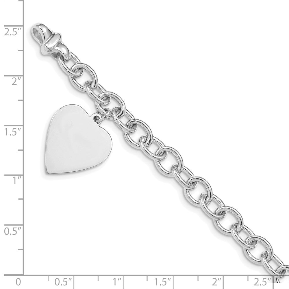14K White Gold Engravable 23X17mm Solid Dangle Heart Charm And Polished Link 7.5 Inch Bracelet