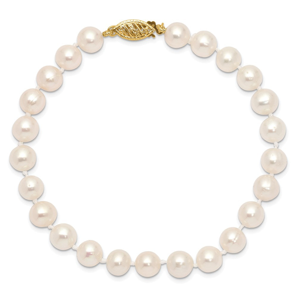 14K Yellow Gold 6 7mm White Near Round Freshwater Cultured Pearl 7.5 Inch Bracelet