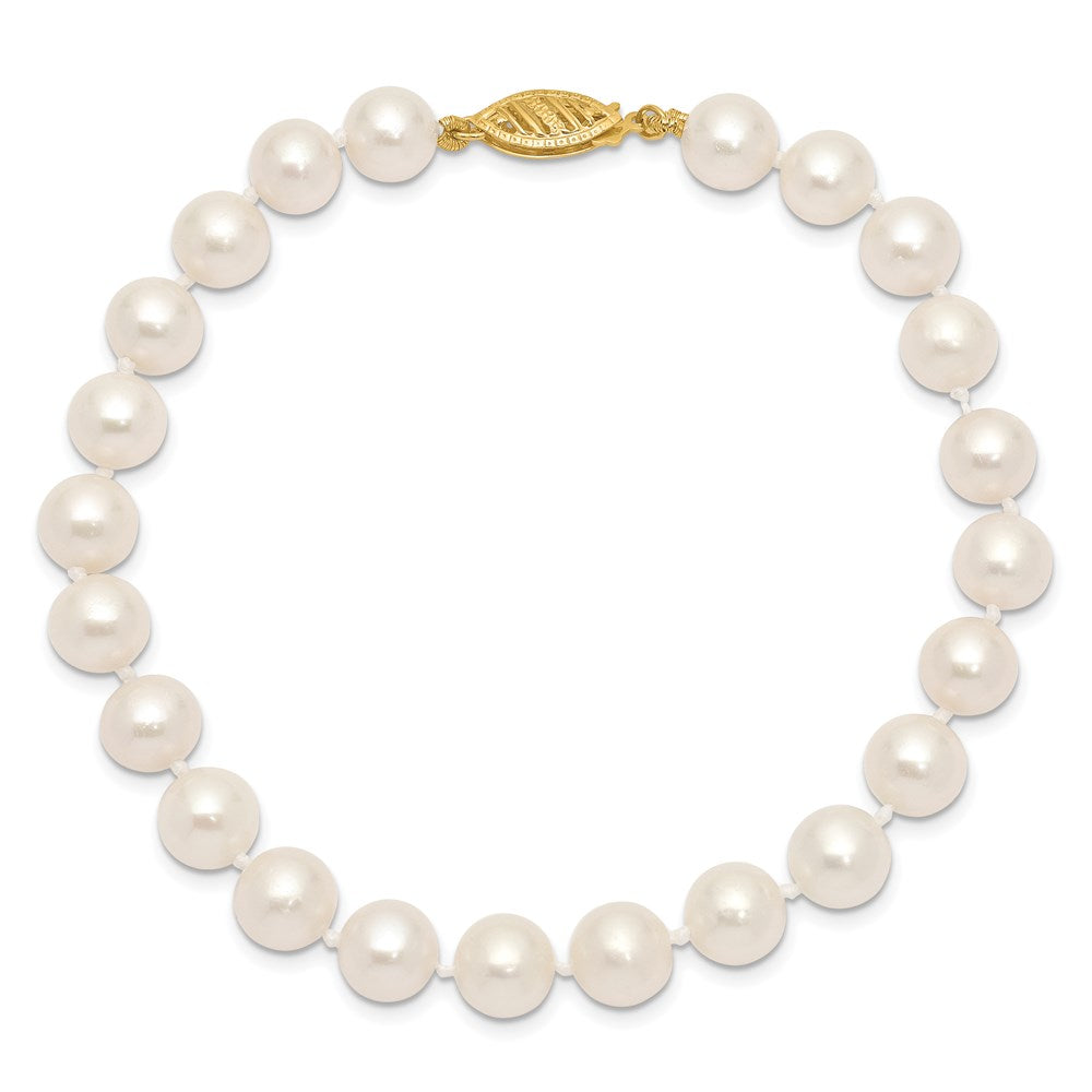 14K Yellow Gold 7 8mm White Near Round Freshwater Cultured Pearl 7.5 Inch Bracelet