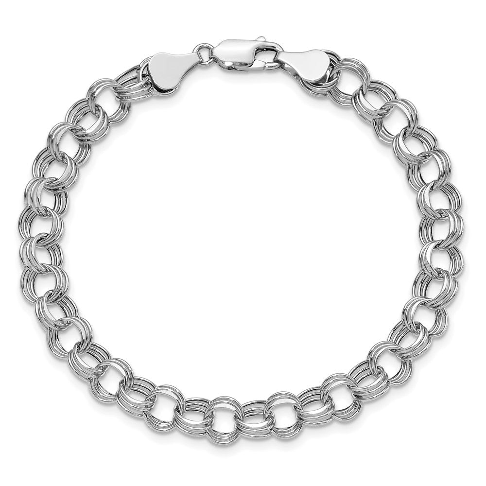 14K White Gold 7.5mm Hollow Triple Link 8.25 Inch Charm Bracelet