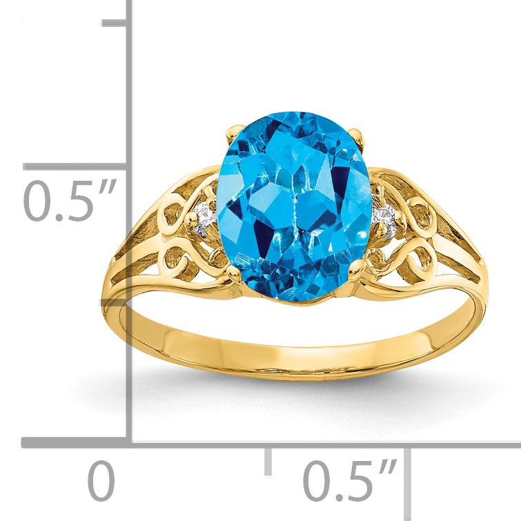 14K Yellow Gold 9X7mm Oval Blue Topaz Checker Aaa Diamond Ring