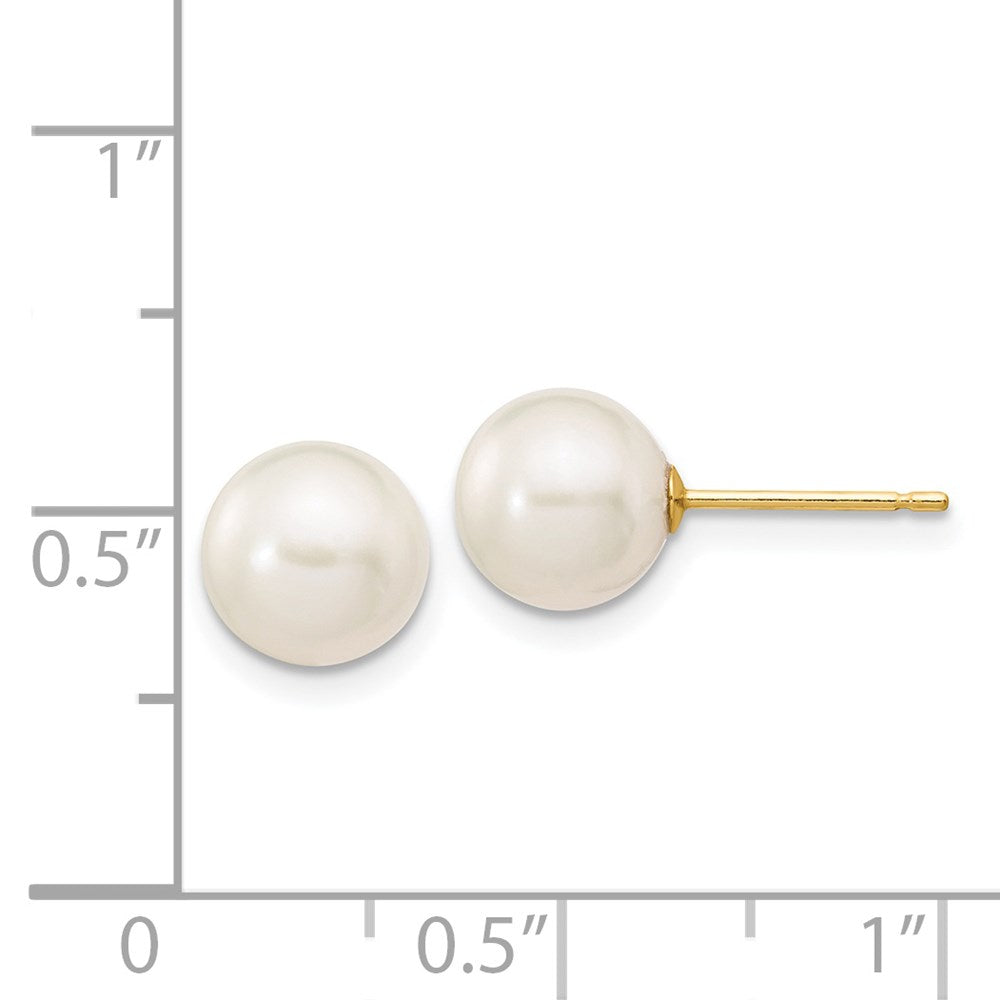 14K Yellow Gold 7 8mm White Round Freshwater Cultured Pearl Stud Post Earrings