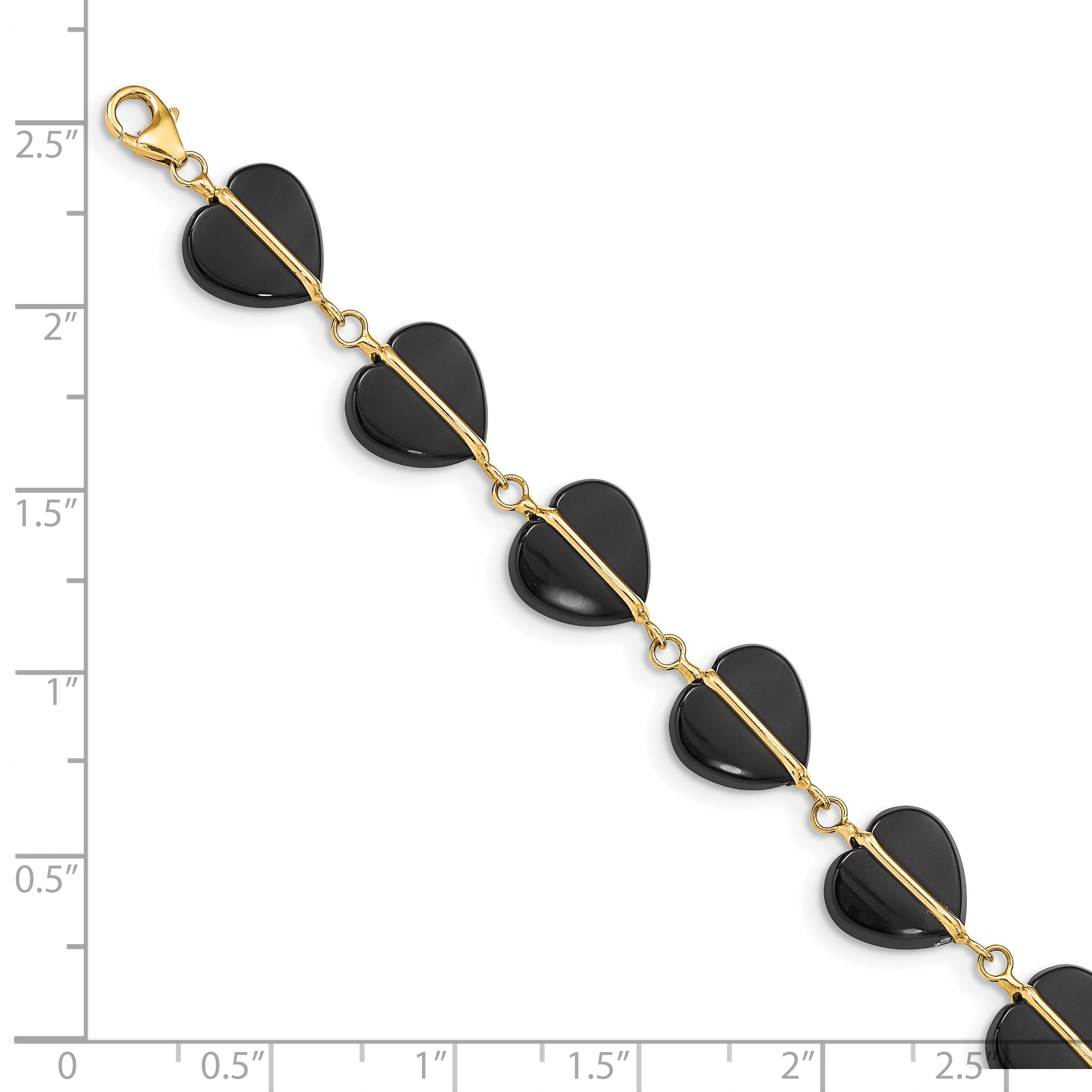 14K Yellow Gold Black Onyx Hearts 7 Inch Bracelet
