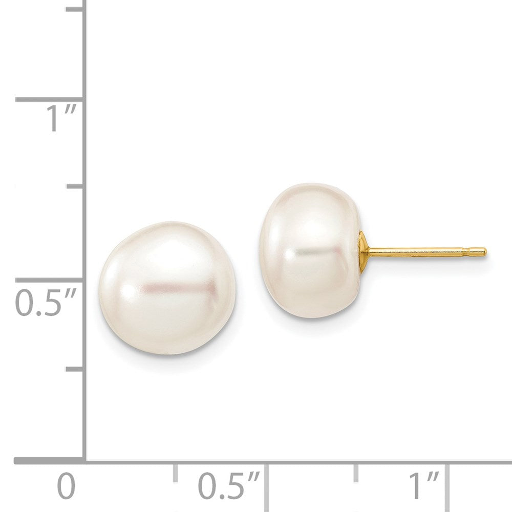 14K Yellow Gold 9 10mm White Button Freshwater Cultured Pearl Stud Post Earrings