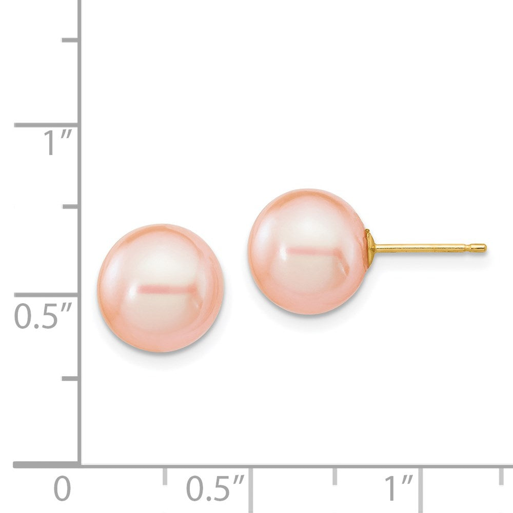 14K Yellow Gold 9 10mm Pink Round Freshwater Cultured Pearl Stud Post Earrings