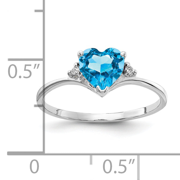 14K White Gold 6mm Heart Blue Topaz Aaa Diamond Ring