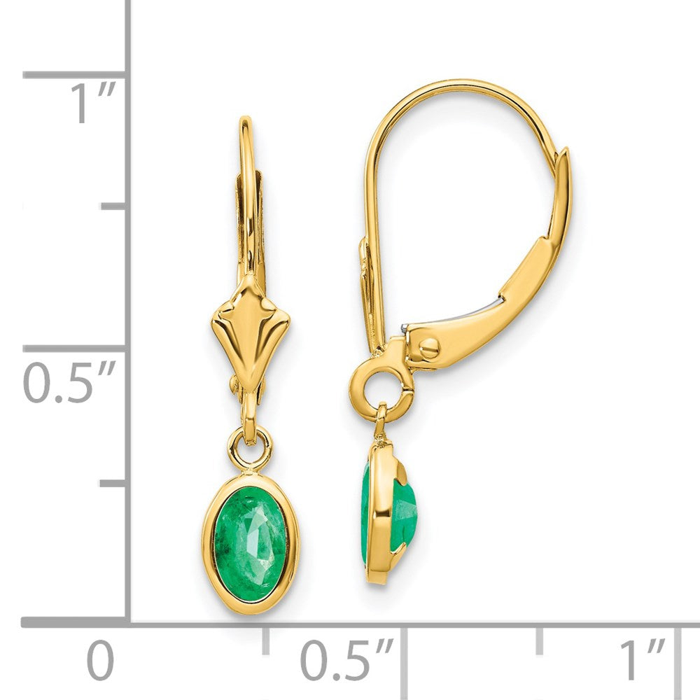 14K Yellow Gold 6X4 Oval Bezel May/Emerald Leverback Earrings