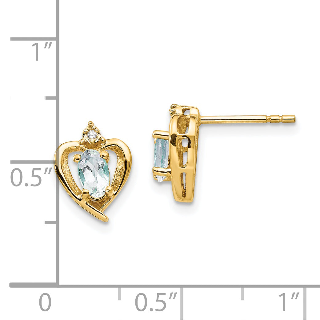 14K Yellow Gold Aquamarine And Diamond Heart Earrings