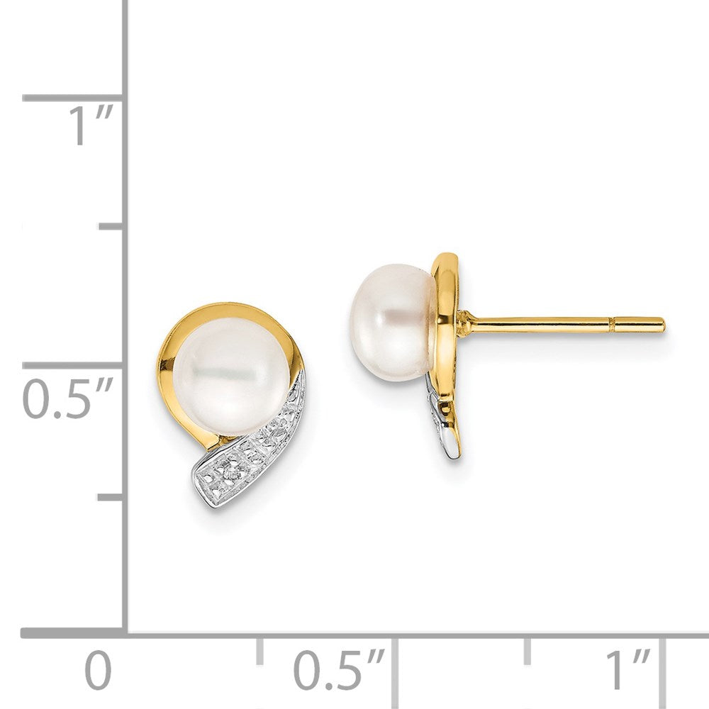 14K Yellow Gold 5 6mm White Button Fwc Pearl .01Ct Diamond Post Earrings