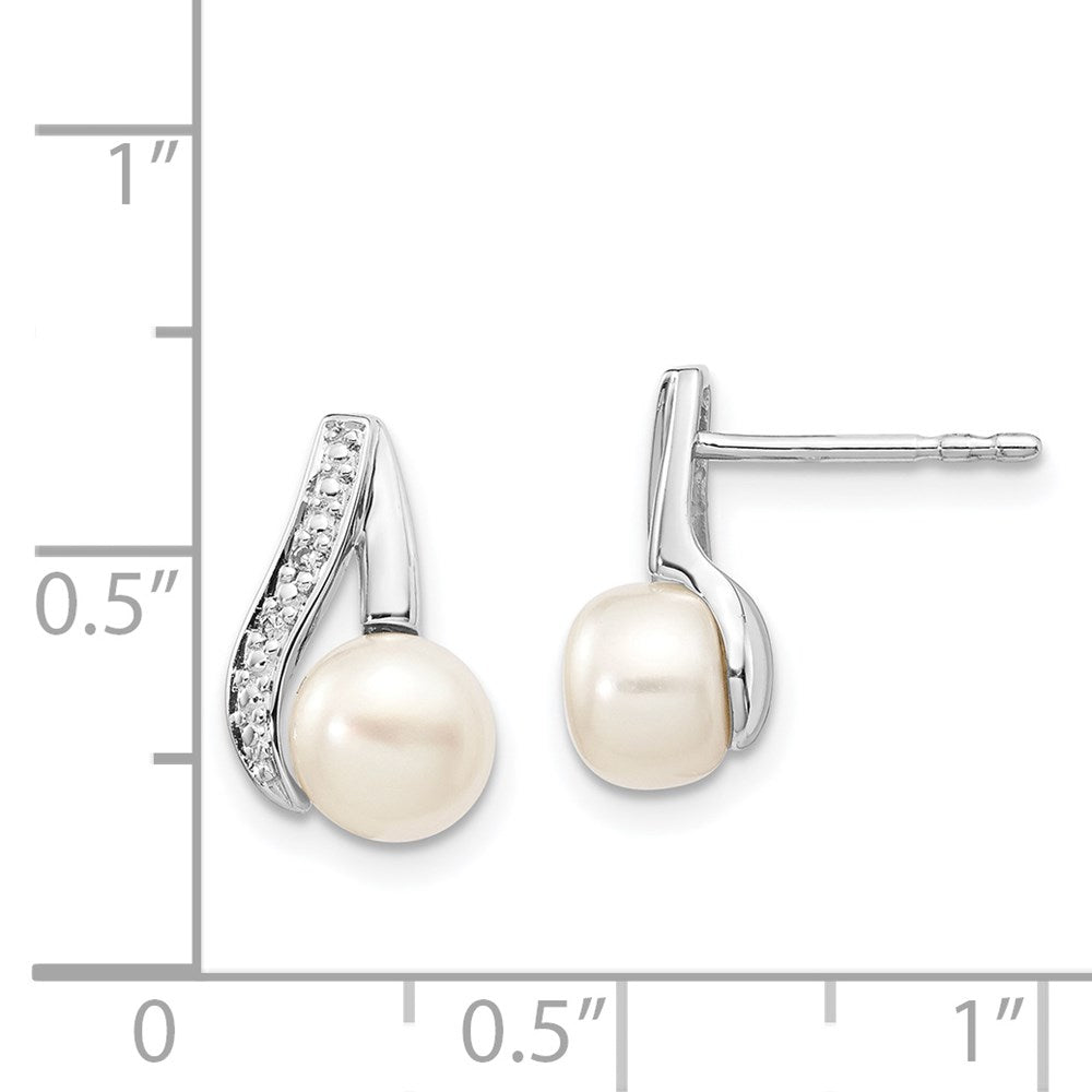 14K White Gold 6 7mm Button Fwc Pearl .02Ct Diamond Post Earrings