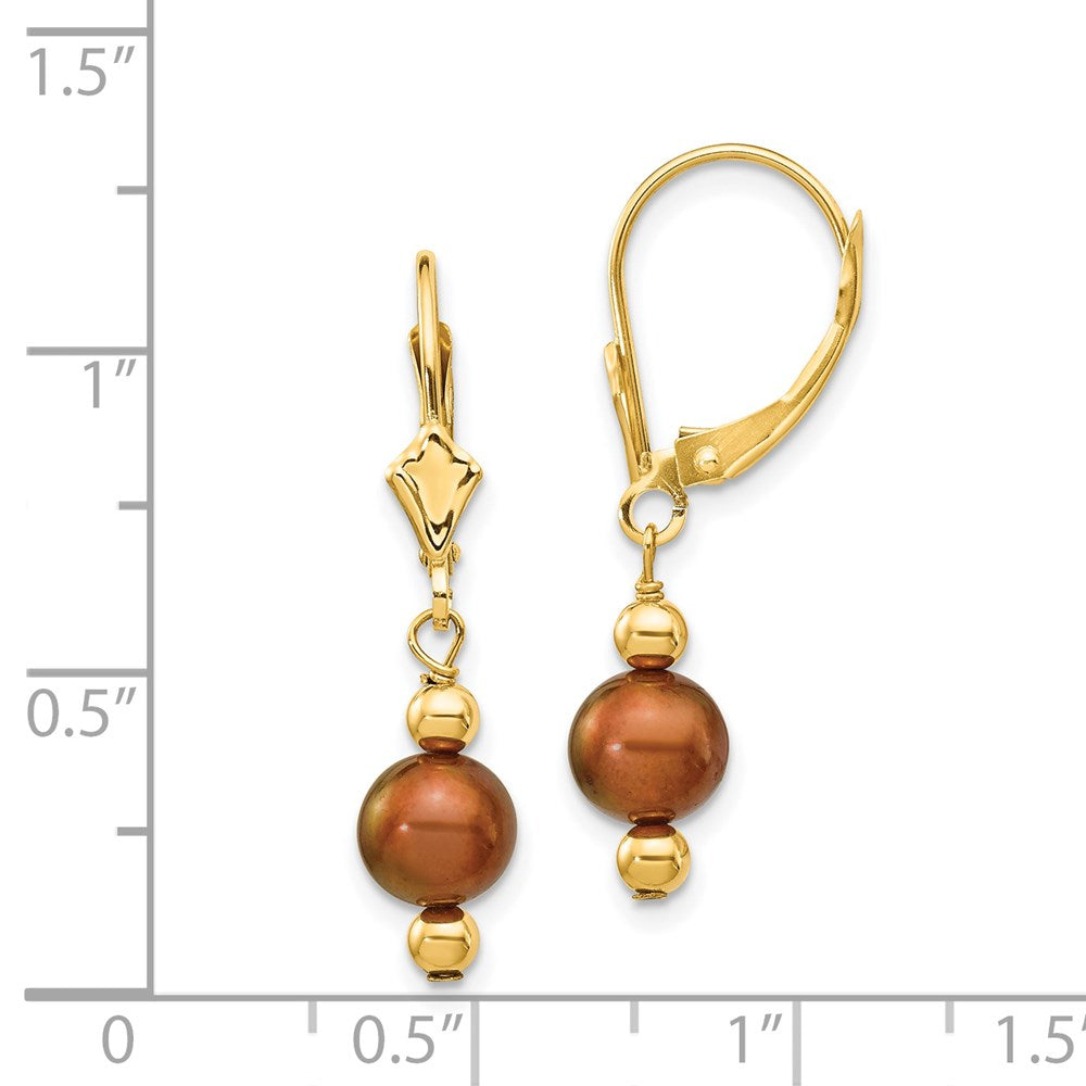 14K Yellow Gold 5 6mm Brown Semi Round Freshwater Cultured Pearl Dangle Leverback Earrings