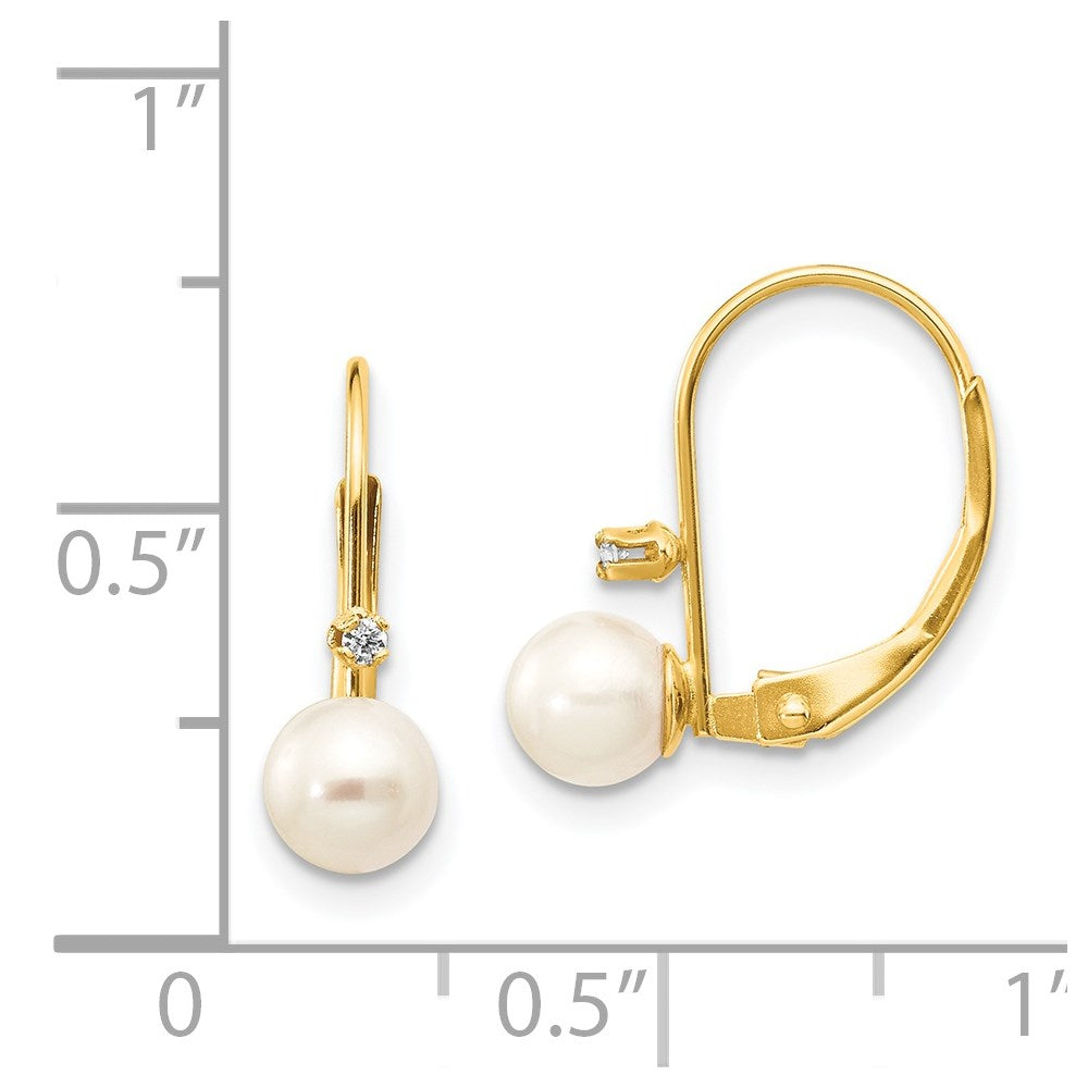 14K Yellow Gold 5 6mm White Round Freshwater Cultured Pearl And .02 Carat Diamond Leverback Earrings