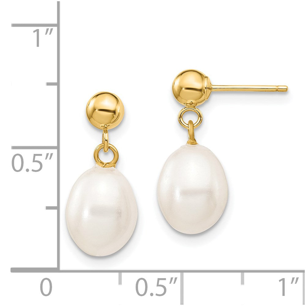14K Yellow Gold 7 8mm White Rice Freshwater Cultured Pearl Post Dangle Earrings