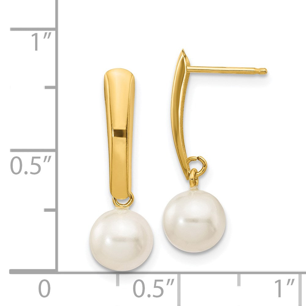 14K Yellow Gold 6 7mm White Round Freshwater Cultured Pearl Post Dangle Earrings