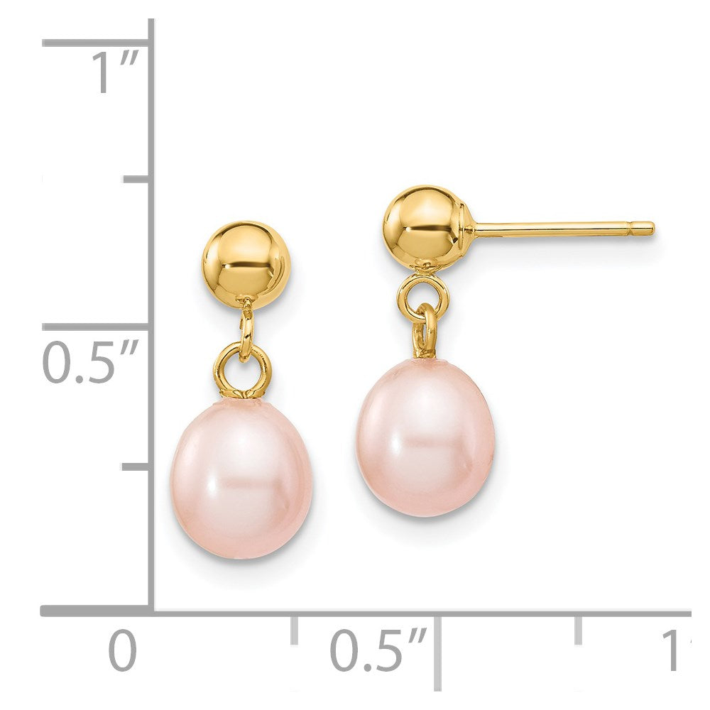 14K Yellow Gold 6 7mm Pink Rice Freshwater Cultured Pearl Post Dangle Earrings