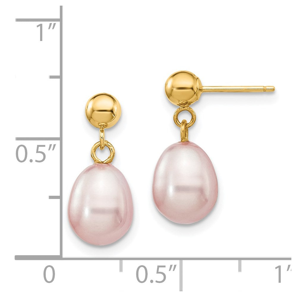 14K Yellow Gold 7 8mm Purple Rice Freshwater Cultured Pearl Post Dangle Earrings