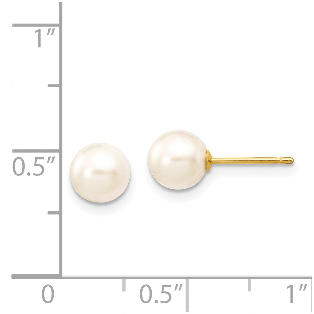 14K Yellow Gold 6 7mm White Round Akoya Saltwater Cultured Pearl Stud Post Earrings