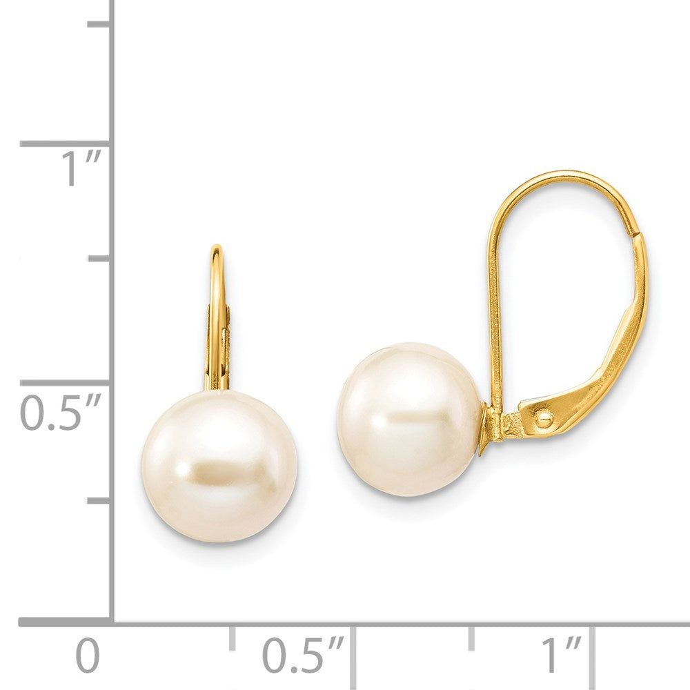 14K Yellow Gold 8 9mm White Round Freshwater Cultured Pearl Leverback Earrings