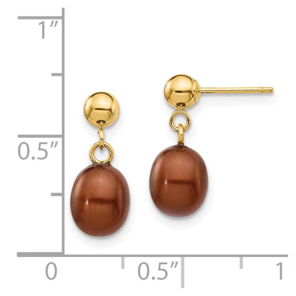 14K Yellow Gold 6 7mm Brown Rice Freshwater Cultured Pearl Post Dangle Earrings