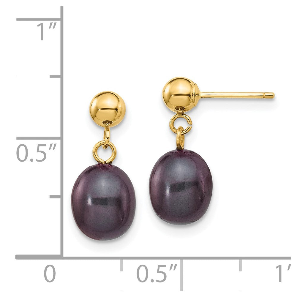 14K Yellow Gold 7 8mm Black Rice Freshwater Cultured Pearl Post Dangle Earrings