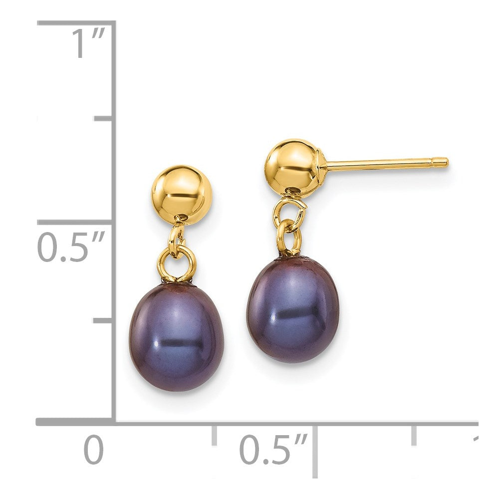 14K Yellow Gold 6 7mm Black Rice Freshwater Cultured Pearl Post Dangle Earrings