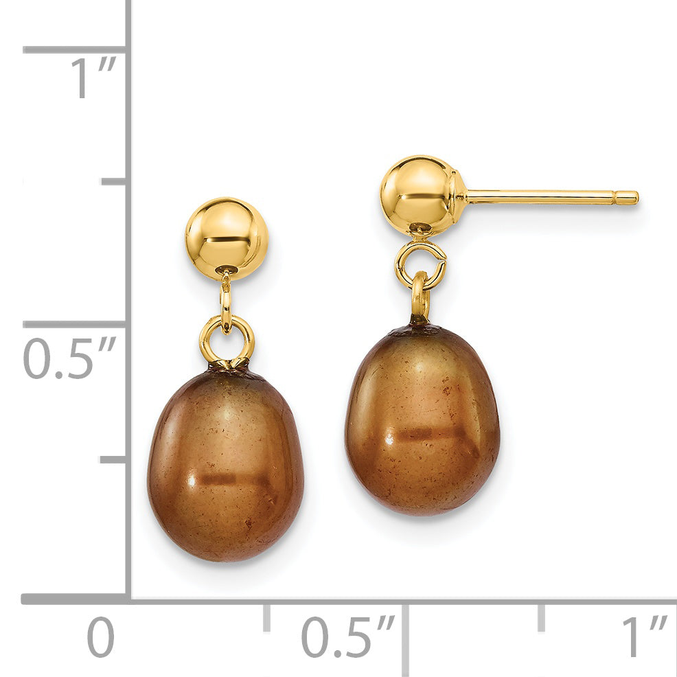 14K Yellow Gold 7 8mm Brown Rice Freshwater Cultured Pearl Post Dangle Earrings