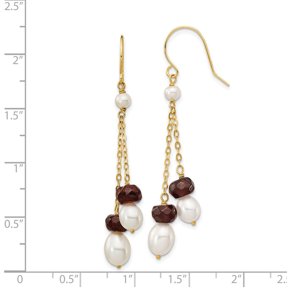 14K Yellow Gold 6 7mm White Rice Freshwater Cultured Pearl And 4.0Ga Garnet Double Chain Dangle Earrings