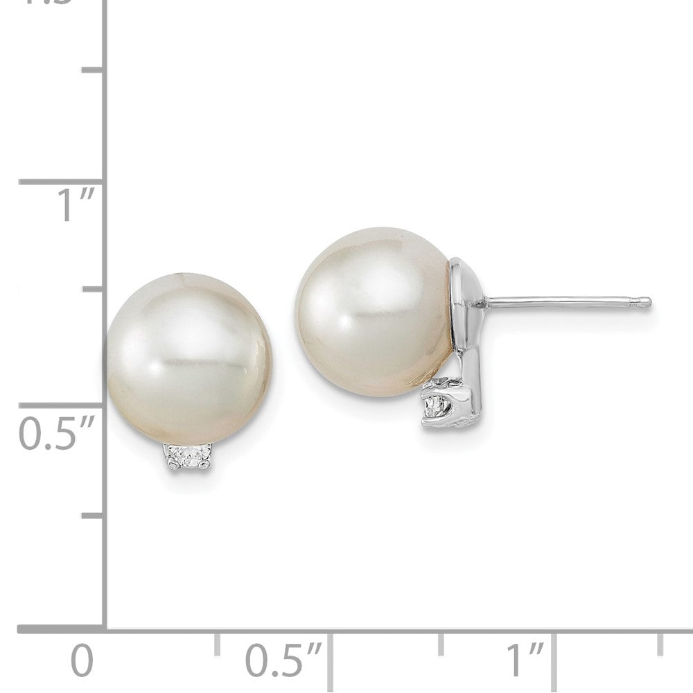 14K White Gold 9 10mm Round South Sea Saltwater Cultured Pearl And .10 Carat Diamond Post Earrings