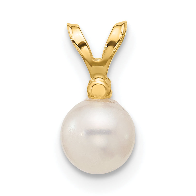 14K Yellow Gold 5 6mm White Round Freshwater Cultured Pearl And .01 Carat Diamond Pendant