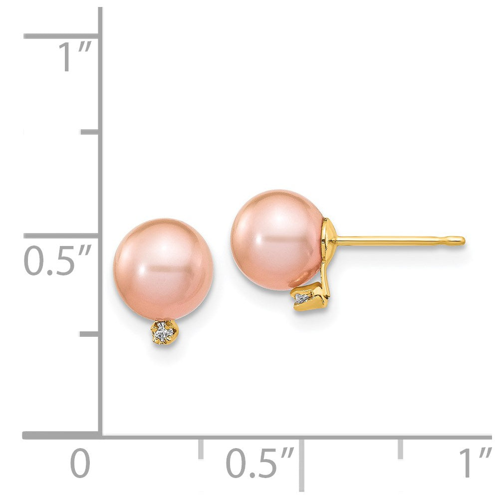 14K Yellow Gold 5 6mm Pink Round Freshwater Cultured Pearl And .02 Carat Diamond Post Earrings