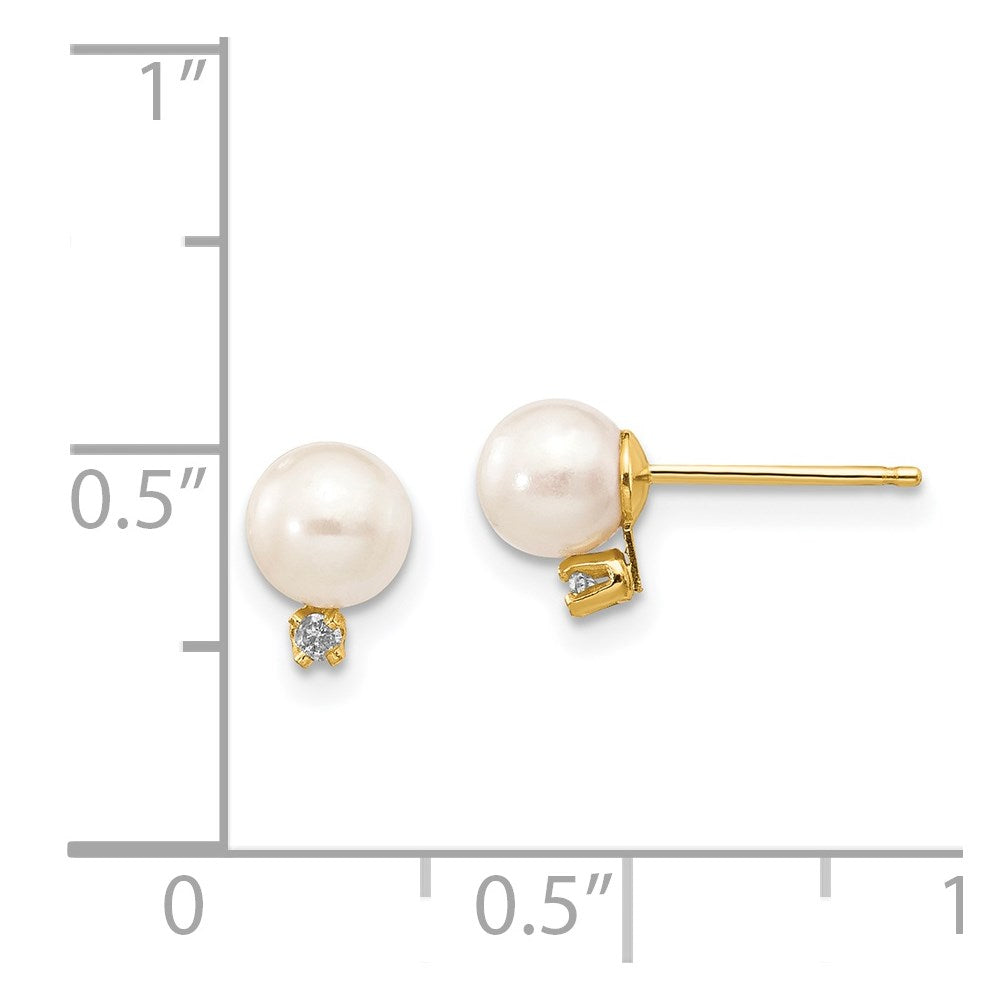 14K Yellow Gold 5 6mm White Round Freshwater Cultured Pearl And .02 Carat Diamond Post Earrings