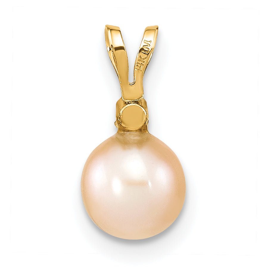 14K Yellow Gold 6 7mm Pink Round Freshwater Cultured Pearl And .03 Carat Diamond Pendant