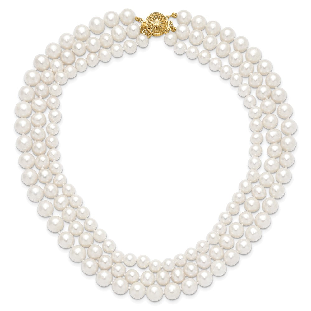14K Yellow Gold 8 9mm White Near Round Freshwater Cultured Pearl 3 Strand 16 Inch Necklace