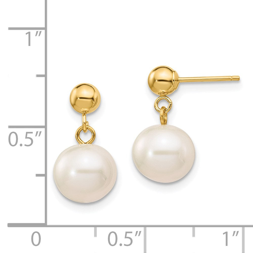 14K Yellow Gold 8 8.5mm White Round Freshwater Cultured Pearl Post Dangle Earrings