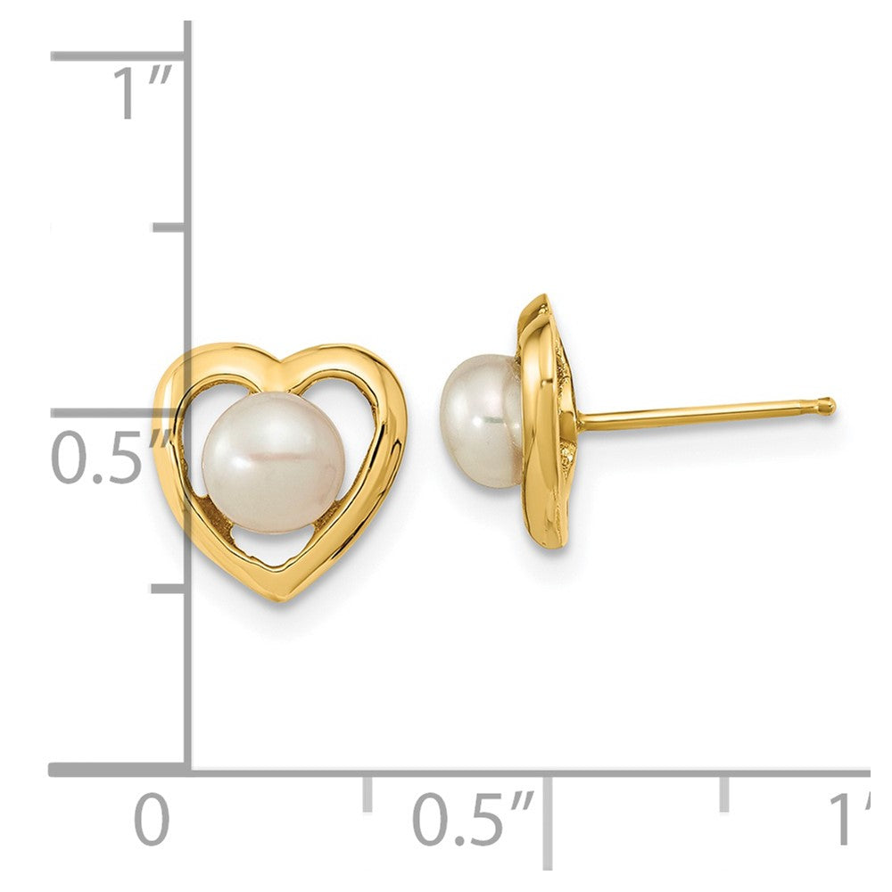 14K Yellow Gold 4 5mm White Button Freshwater Cultured Pearl Heart Post Earrings