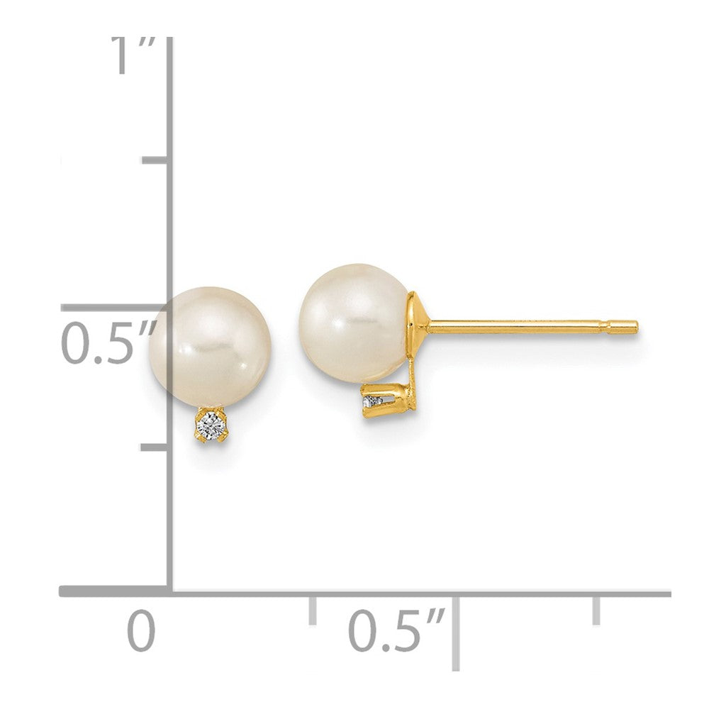 14K Yellow Gold 5 5.5mm White Round Freshwater Cultured Pearl And Cz Post Earrings