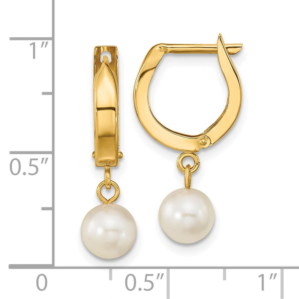 14K Yellow Gold 6 7mm White Round Akoya Saltwater Cultured Pearl Hoop Dangle Earrings