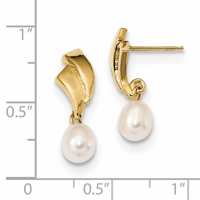 14K Yellow Gold 5 6mm White Rice Freshwater Cultured Pearl Post Dangle Earrings