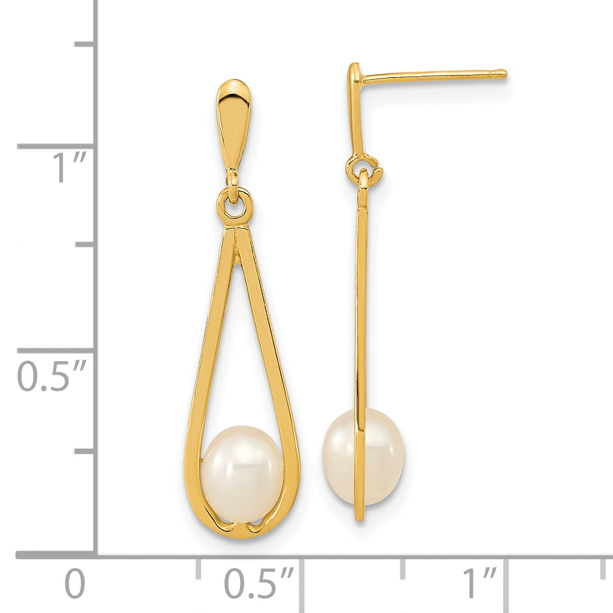 14K Yellow Gold 5 6mm White Rice Freshwater Cultured Pearl Post Dangle Earrings