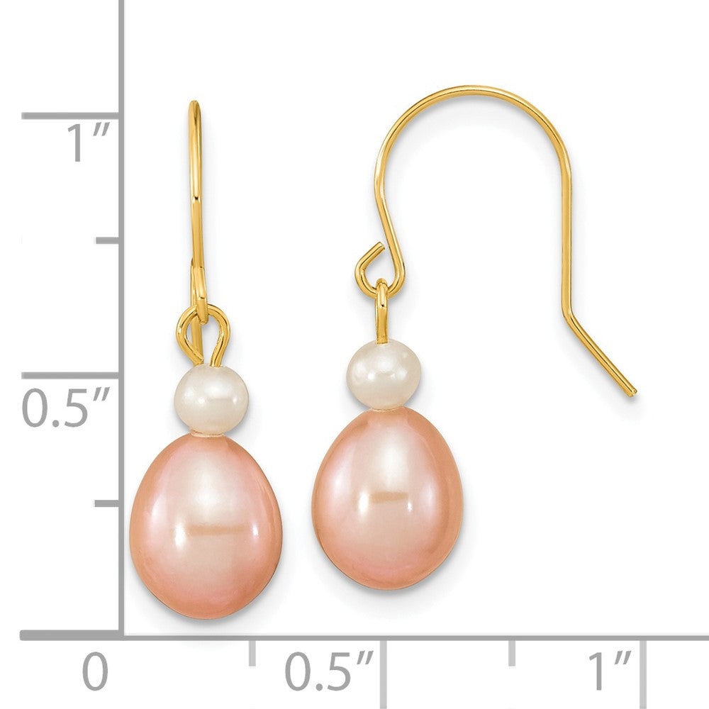 14K Yellow Gold 7 8mm Pink Rice And White Round Freshwater Cultured Pearl Dangle Earrings