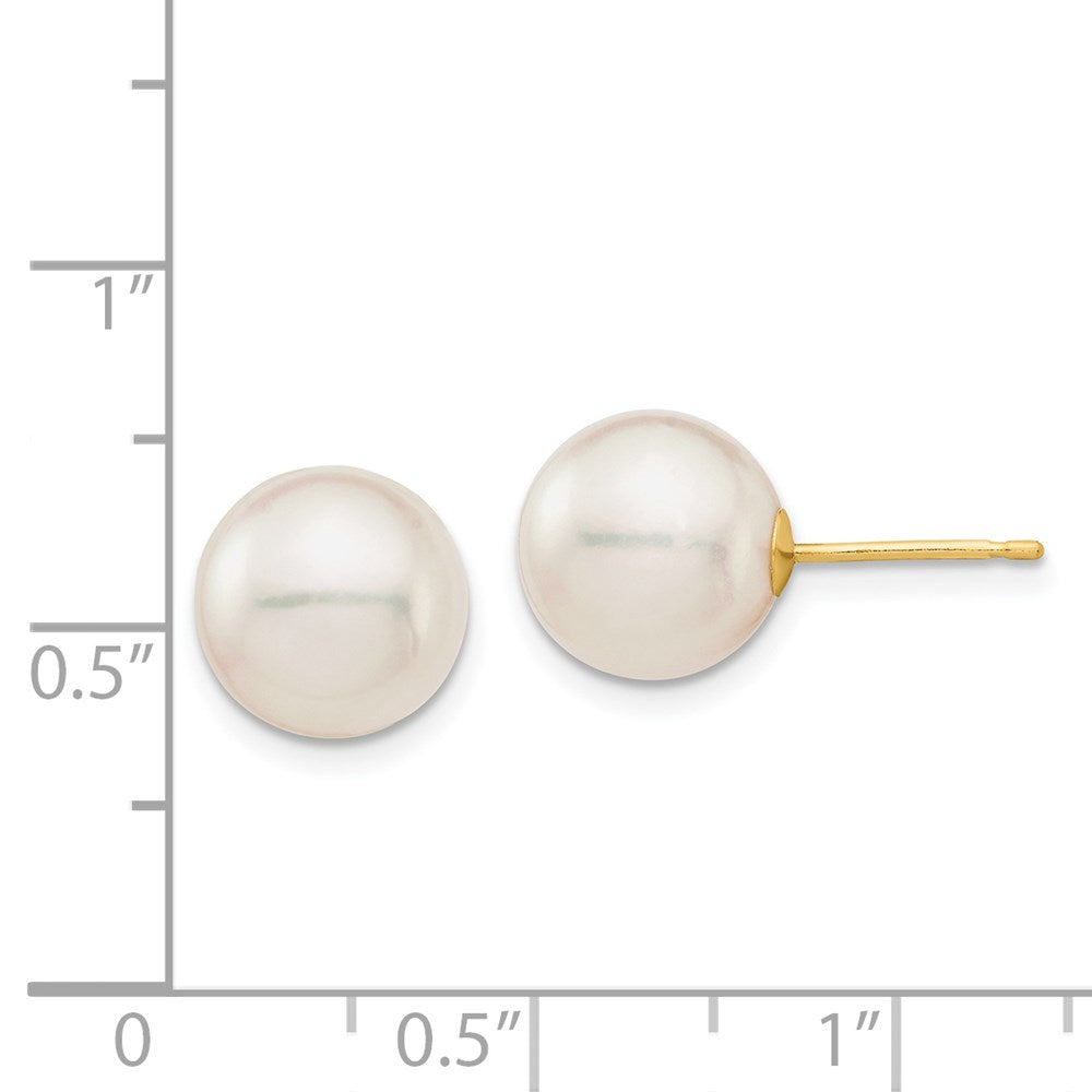 14K Yellow Gold 9 10mm White Round Saltwater Akoya Cultured Pearl Stud Post Earrings