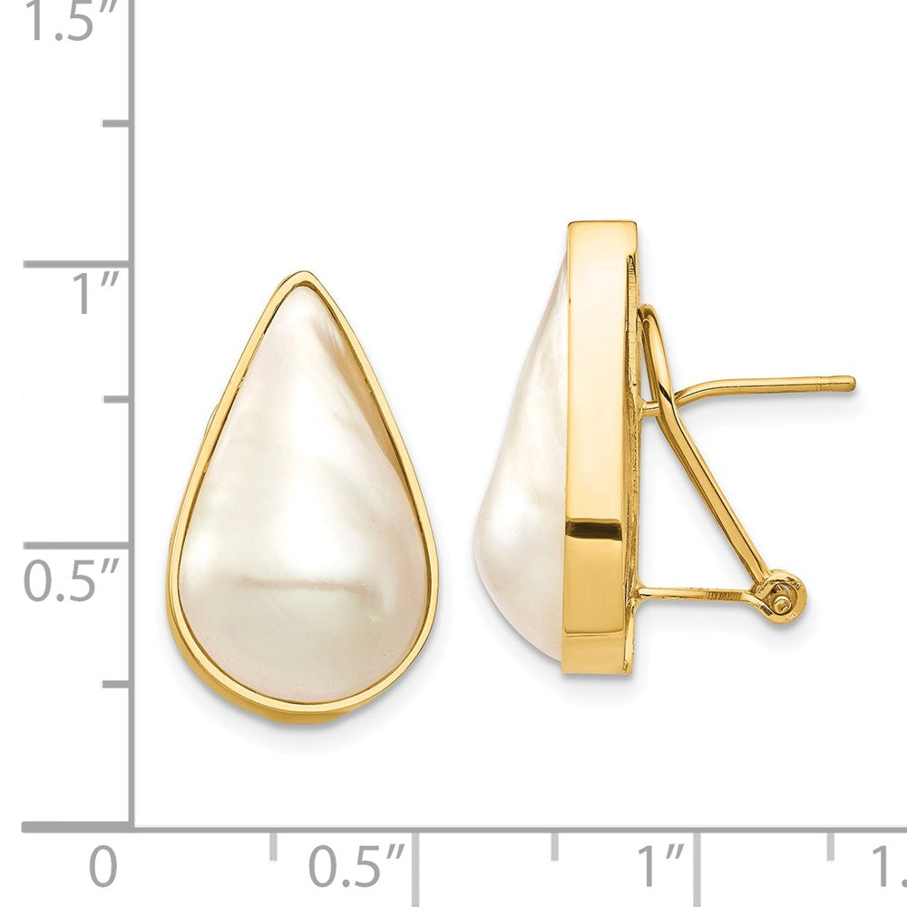 14K Yellow Gold 12X20 White Pear Saltwater Cultured Mabe Pearl Omega Back Earrings