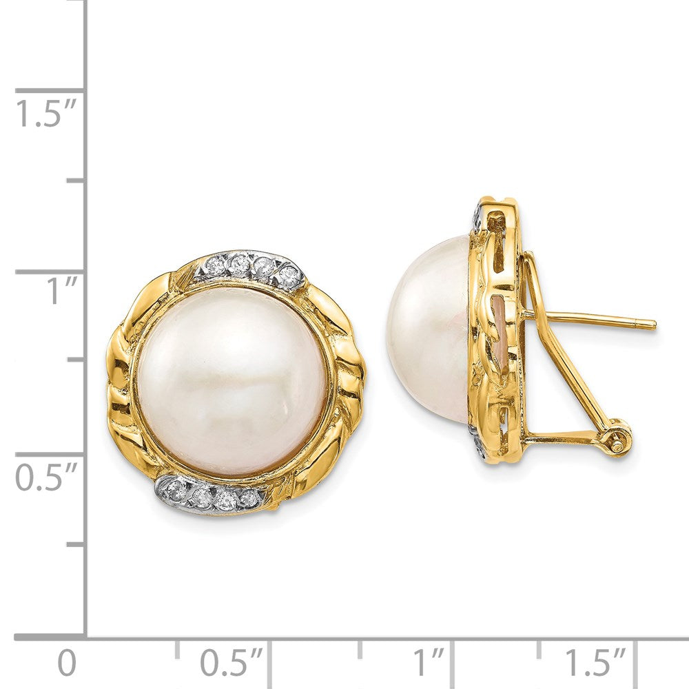 14K Yellow Gold 13 14mm White Saltwater Cultur Mabe Pearl .16Ct Dia Omega Back Earrings