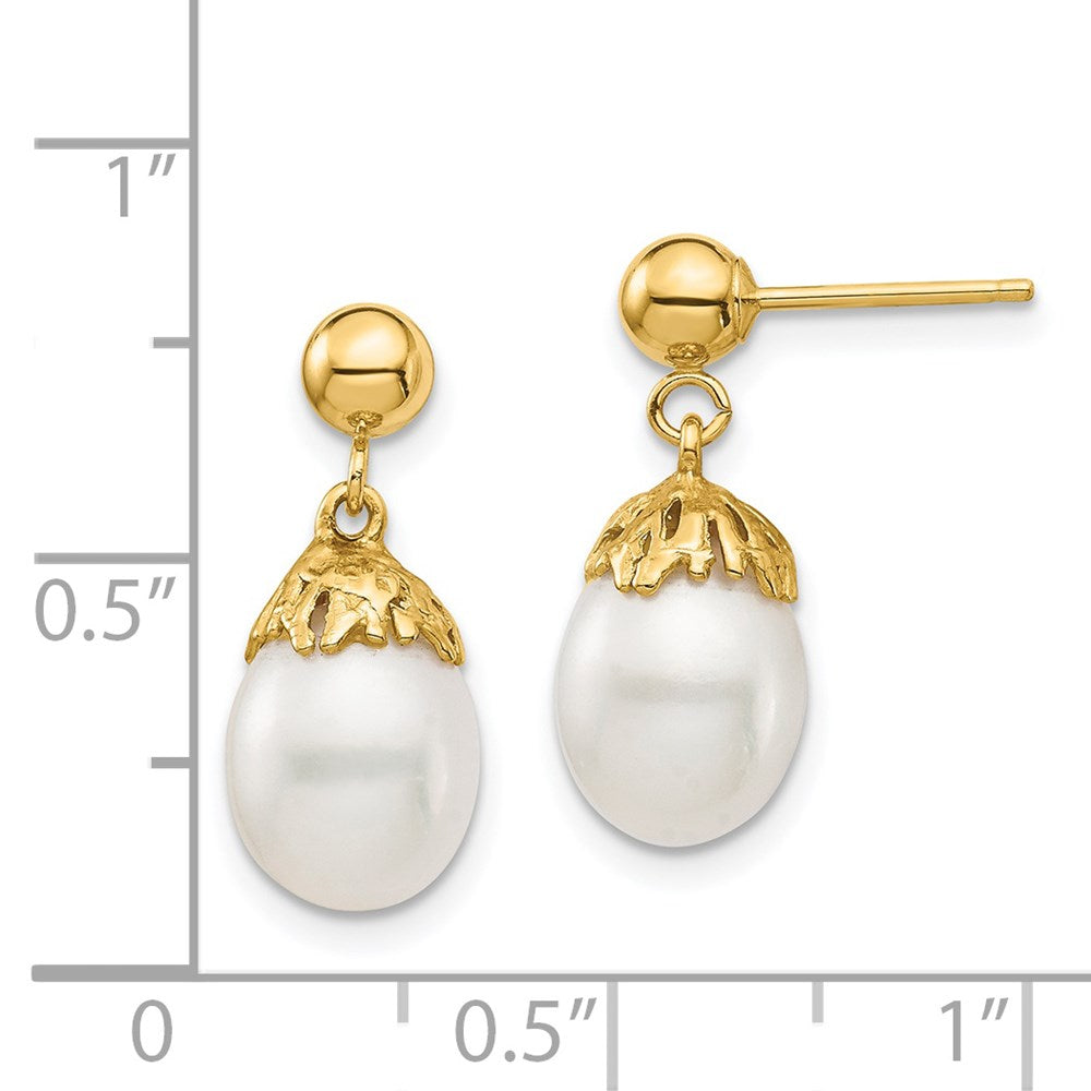14K Yellow Gold 7 8mm White Rice Freshwater Cultured Pearl Post Dangle Earrings